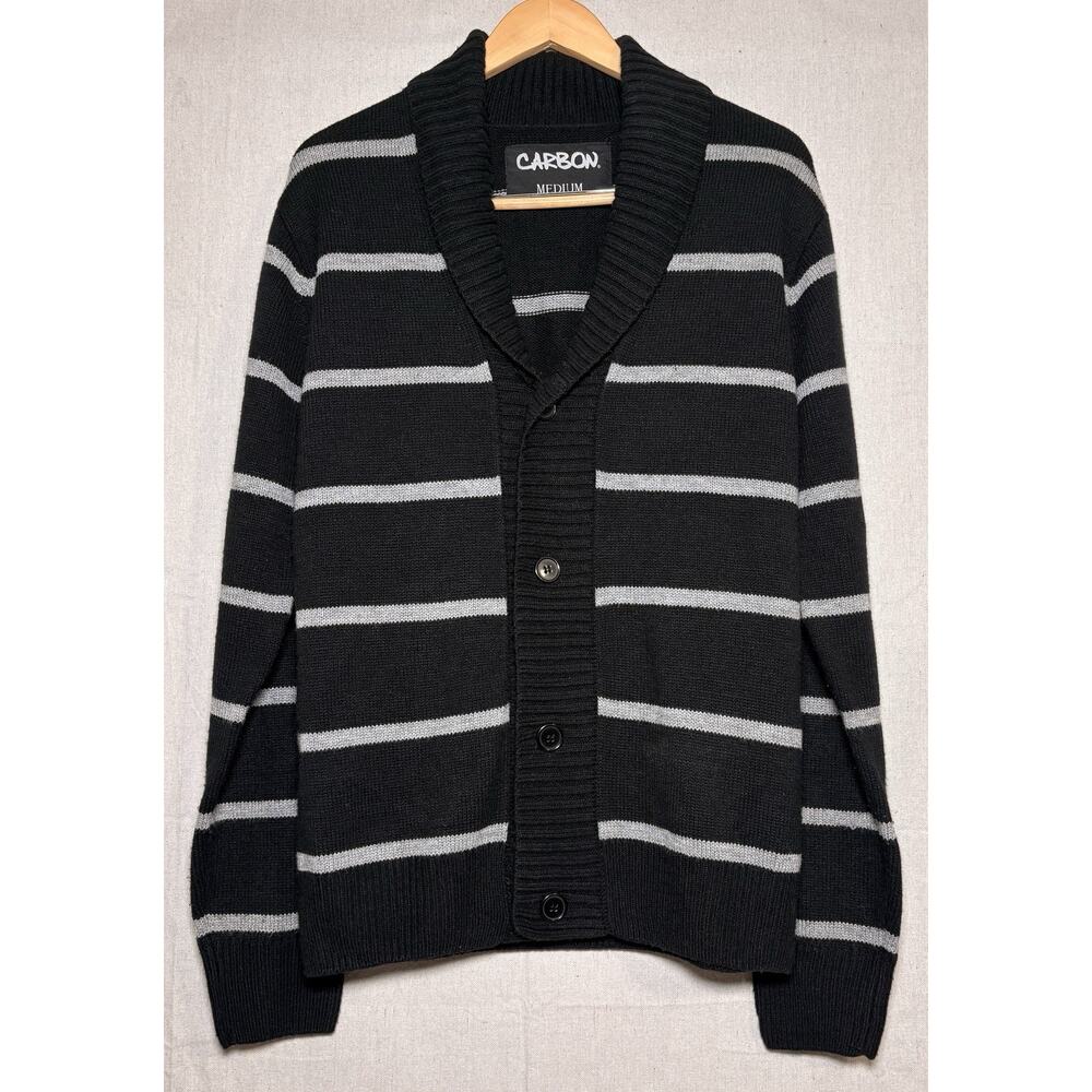 Carbon Mens Cardigan Cottage Sweater Black Gray Striped 4-Button‎ Mens Sz M